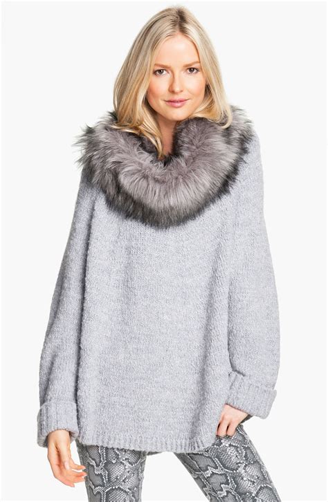 michael kors faux fur trim poncho sweater|Faux.